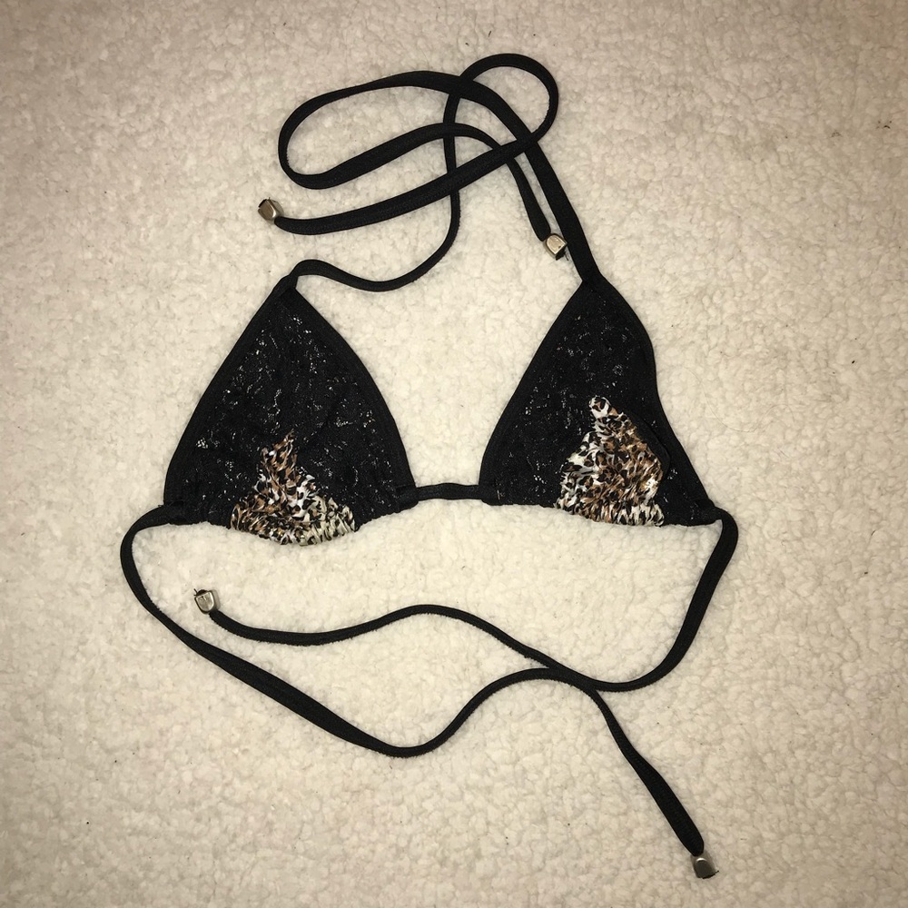Metallic cheetah black lace bikini top